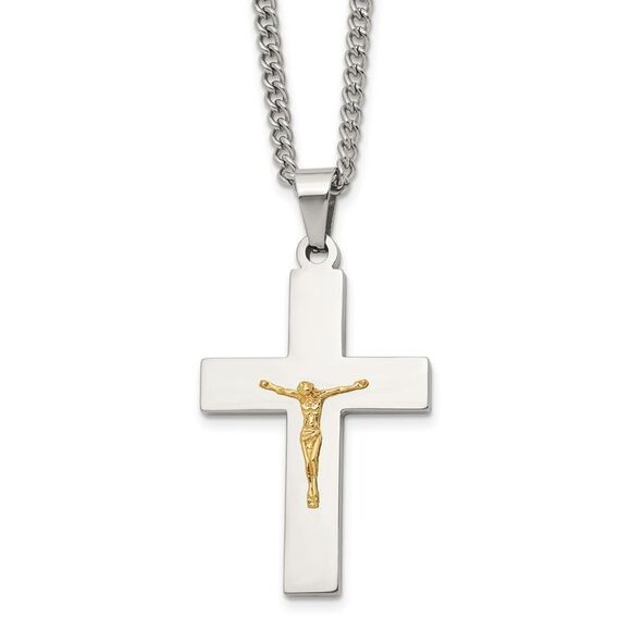 Steel 14k Yellow Gold Accent Crucifix Pendant on a 24in Curb Chain Necklace